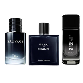 Combo de 3 Perfumes Masculinos – Sauvage, Bleu de Chanel e 212 VIP Black